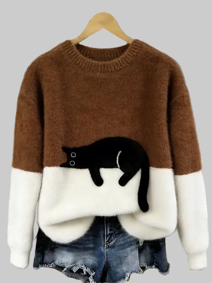 Women's Oversized Cat Print Crew Neck Jumper