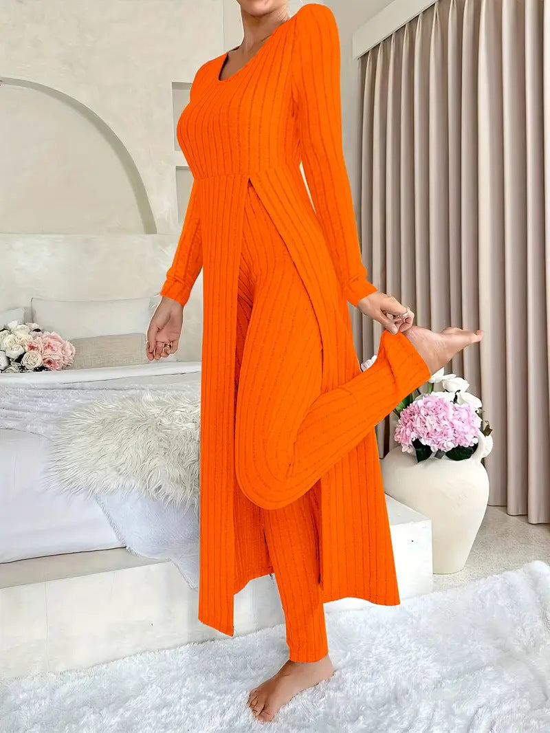 Lavinia Hartwell | Ribbed Knit Split Long Sleeve Two-Piece Set