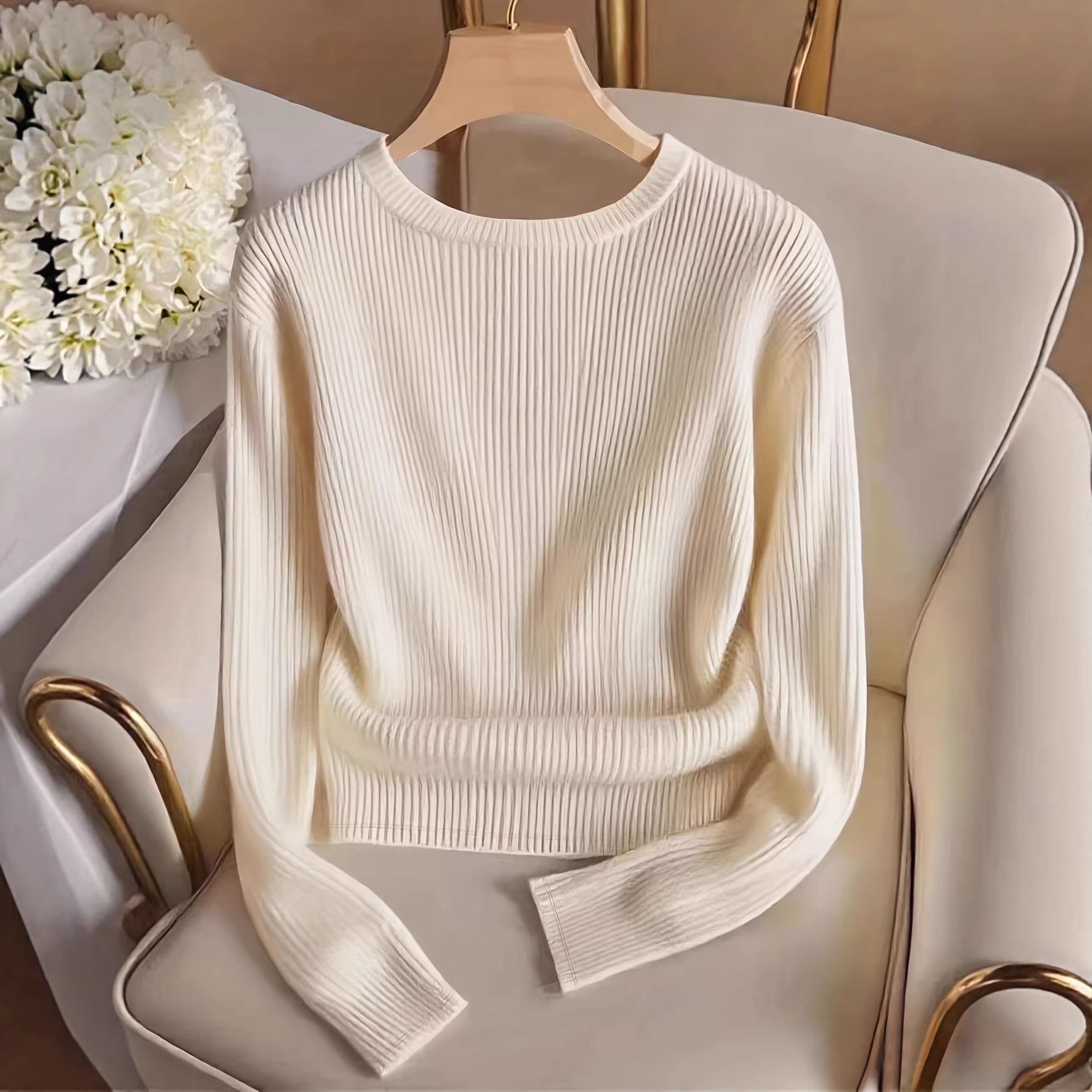Rosamund Fairweather | Ribbed Knit Long-Sleeve Top with Gold Button Cuffs