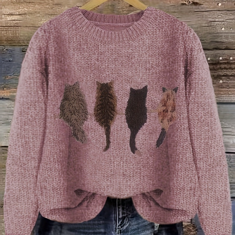 Matilda Green | Cat Print Crew Neck Knit Sweater