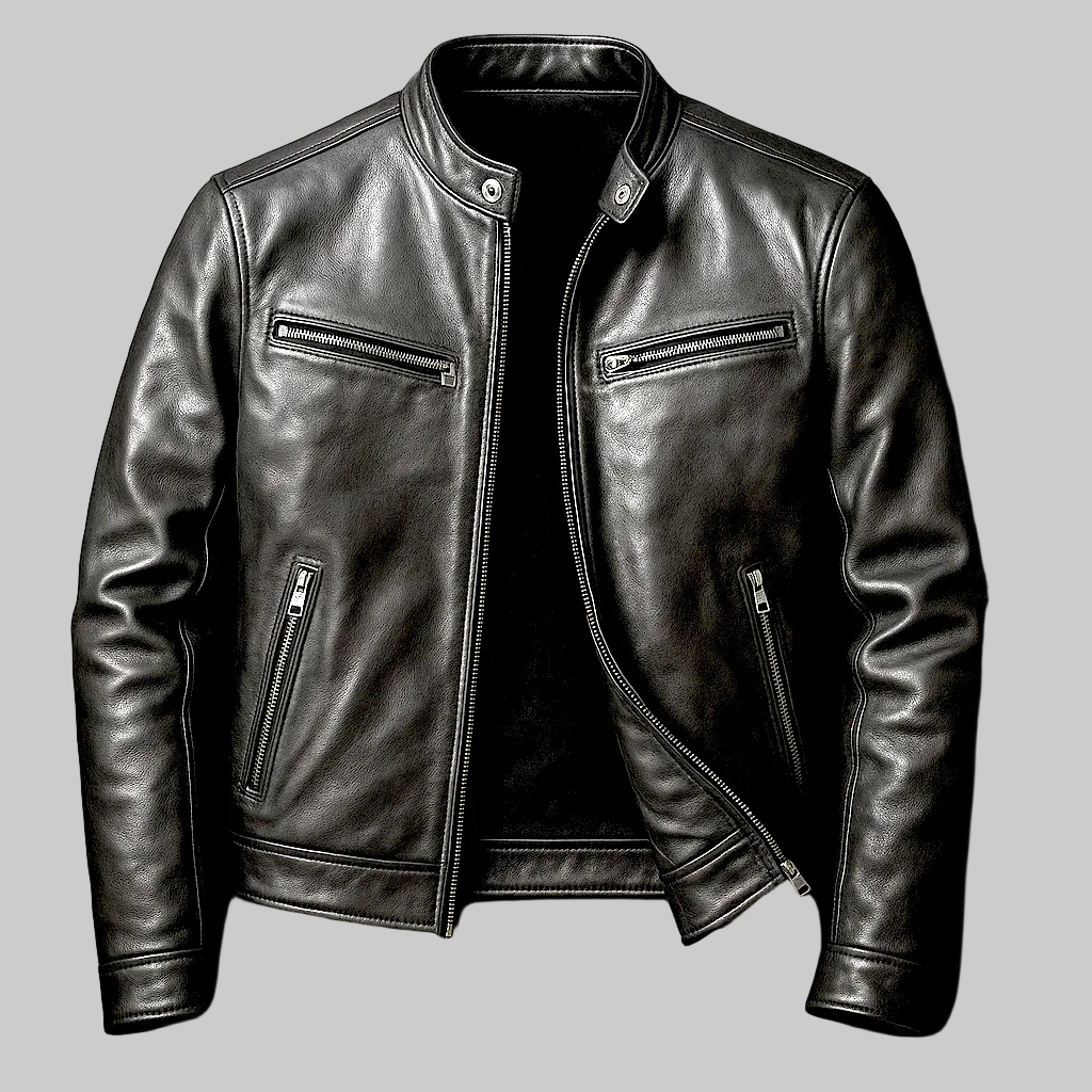 Vintage Faux Leather Biker Jacket with Stand Collar and Zip Pockets