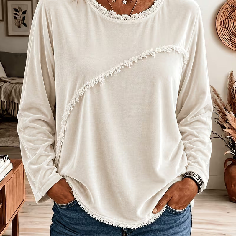 Isobel Grantham | Velvet Tassel Trim Round Neck Long Sleeve Top