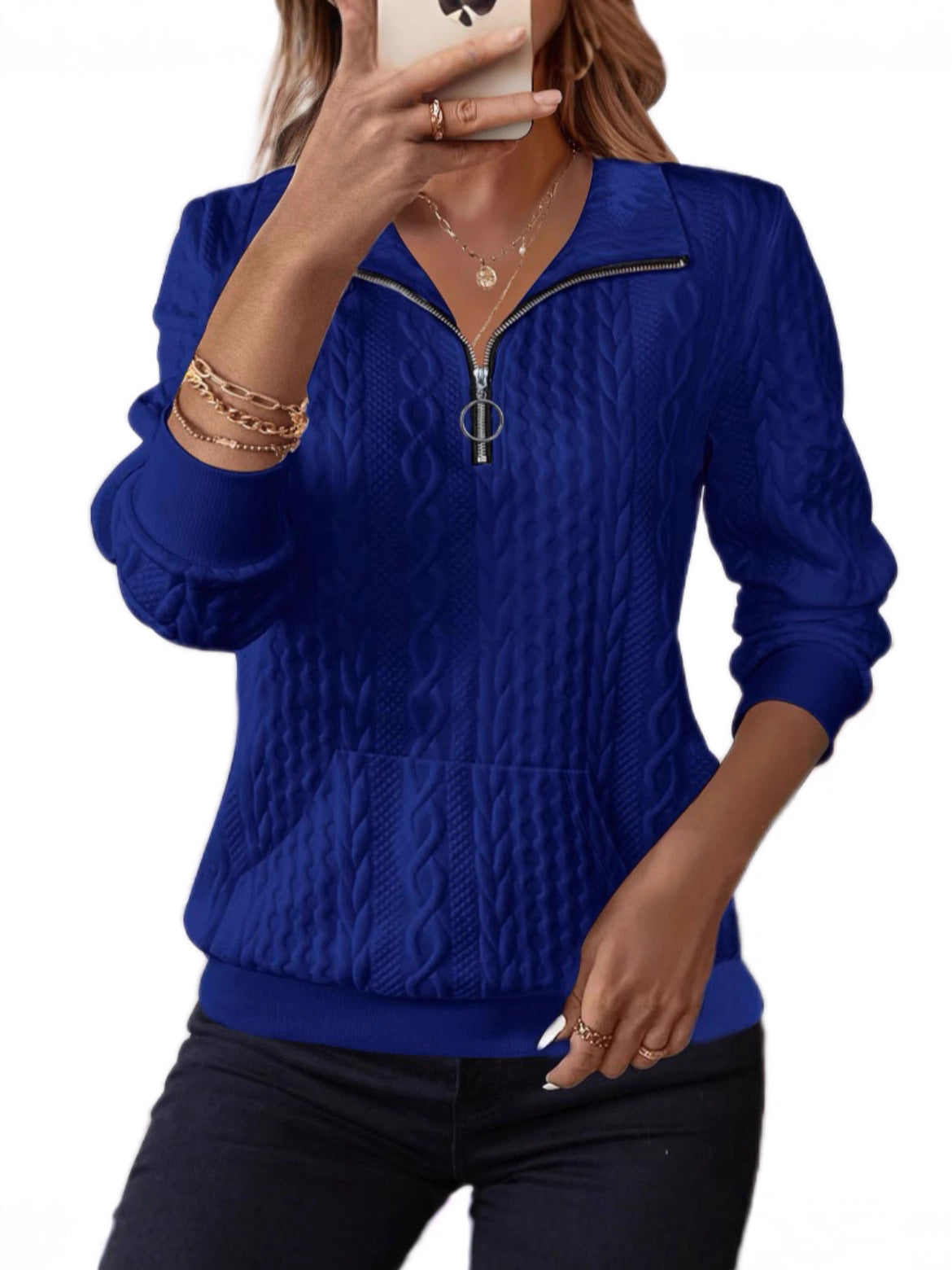 Ophelia Marchbanks | Half-Zip Cable-Knit Pullover with Turn-Down Collar