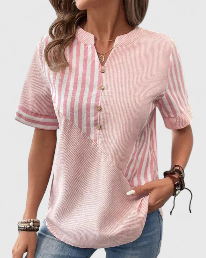 Eleanor Pemberton | Striped Notched-Neck Blouse With Button Detail