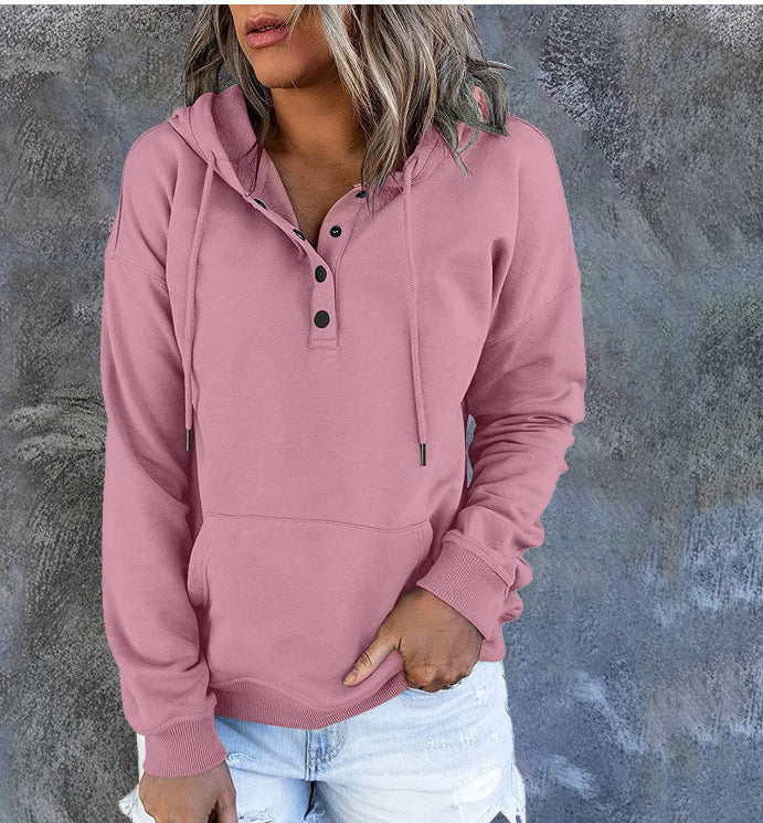 Hattie Marsh | Blue Hooded Button Drawstring Sweatshirt For Women