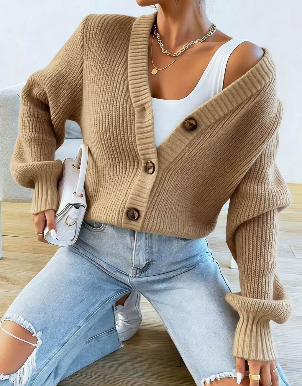Edith Hargreaves | Green Ribbed Knit Button-Front Cardigan