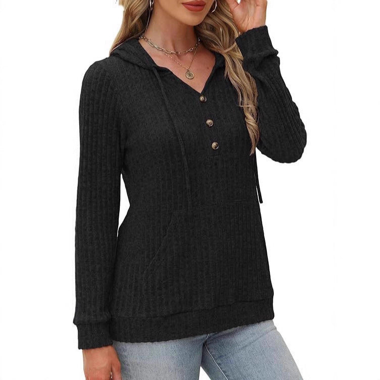 Priscilla Hawthorne | Ribbed Knit Button-Up Hoodie Sweater