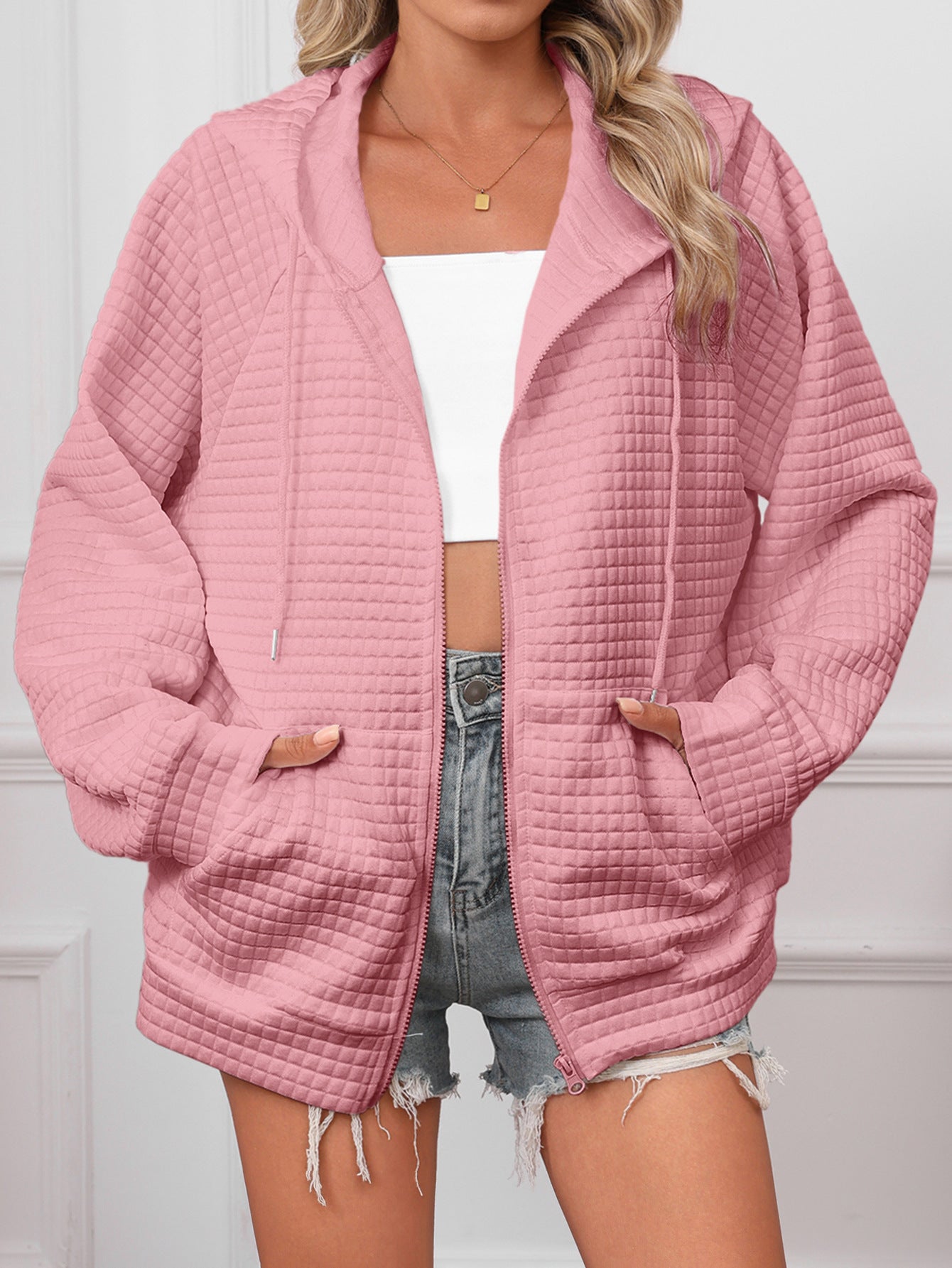 Lucy Barrington | White Textured Zip-Up Hooded Jacket
