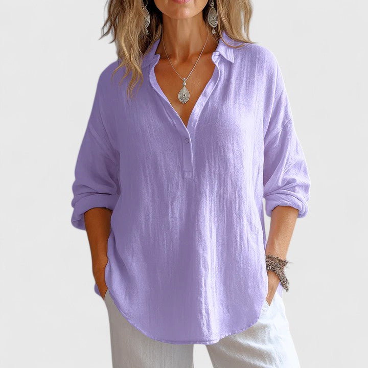 Ophelia Grantham | Pink Linen Blouse With Collared V-Neck