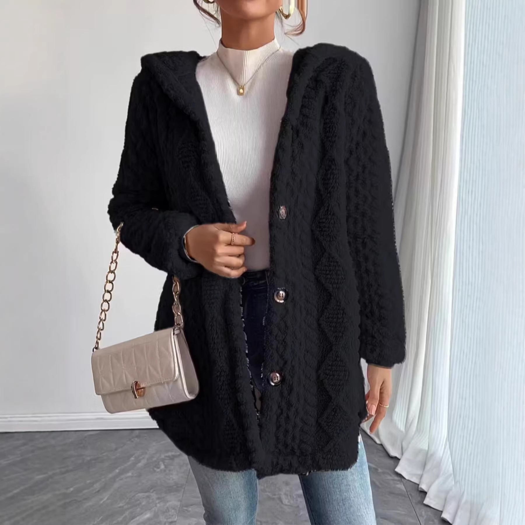 Tabitha Wilson | Hooded Textured Faux Fur Longline Cardigan