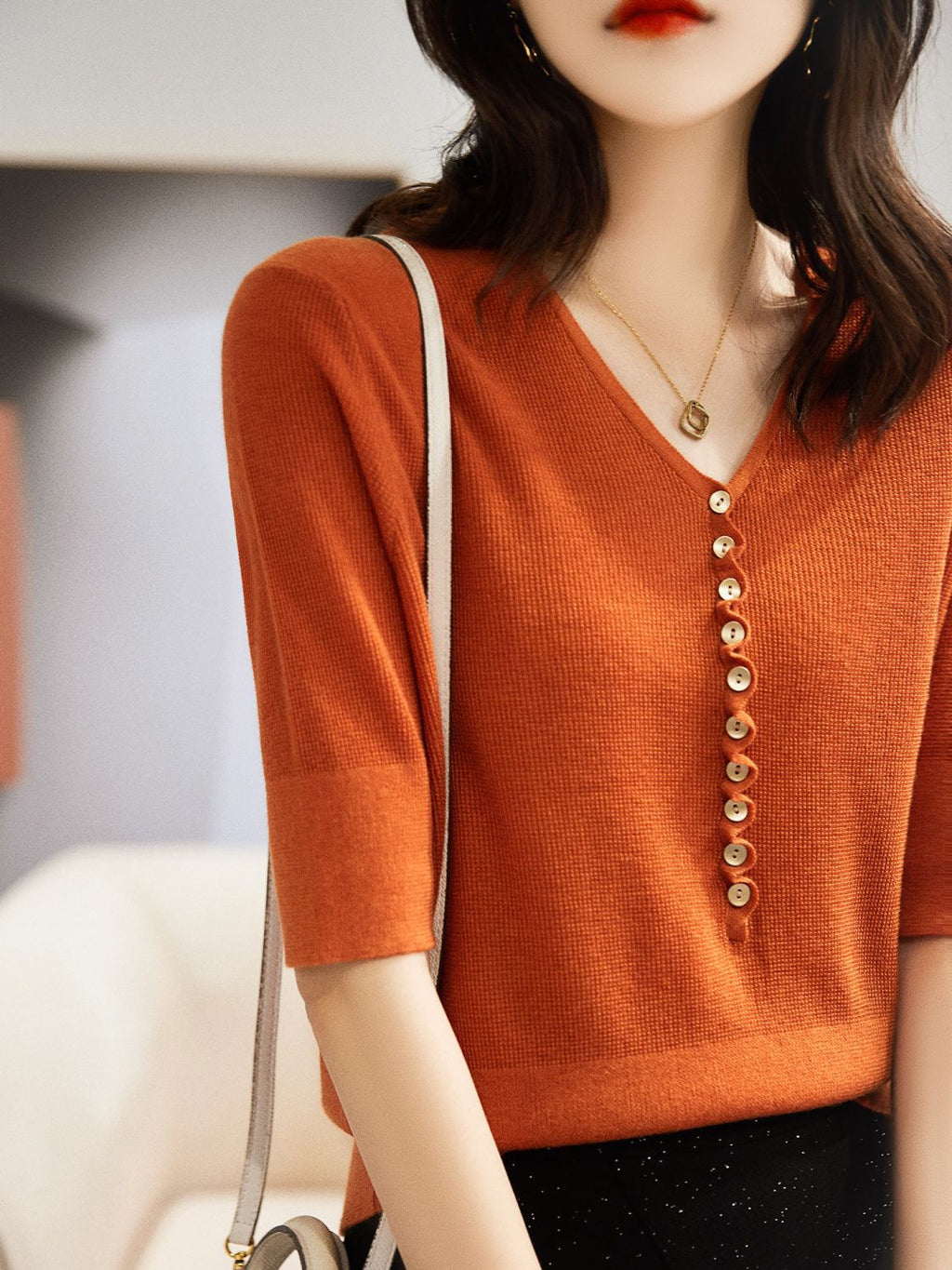Alice Bennett | Green V-Neck Knit Top with Button Detail