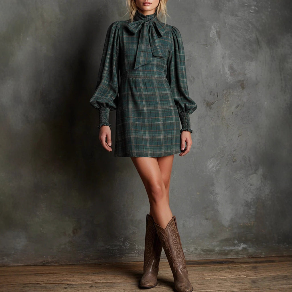 Edith Colston | Bow-Neck Plaid Mini Dress