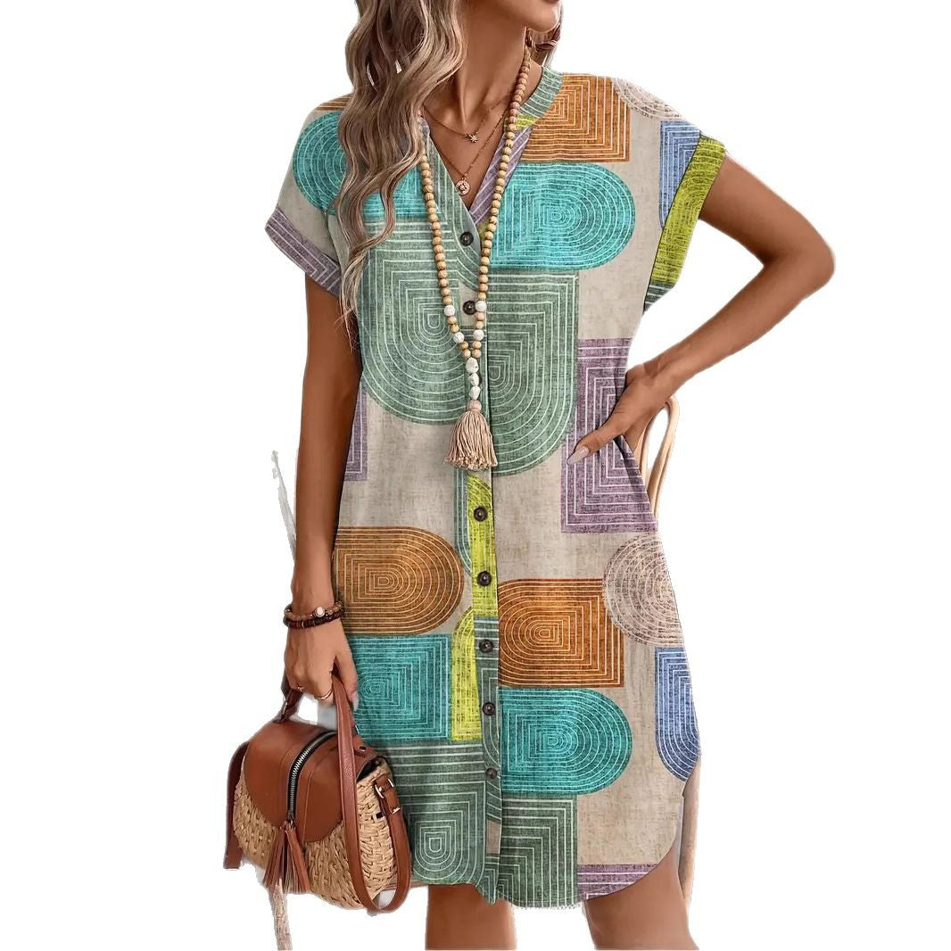 Harriet Landon | Geometric Print Shirt Dress With V-Neck