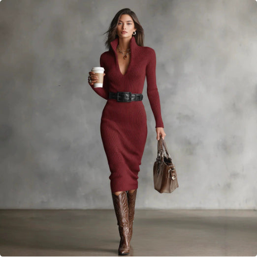 Beatrice Taylor | Ribbed Turtleneck Belted Midi Dress