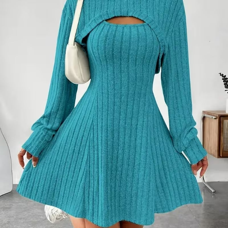 Verity Jones | Ribbed Knit Hooded Mini Dress with Layered Vest