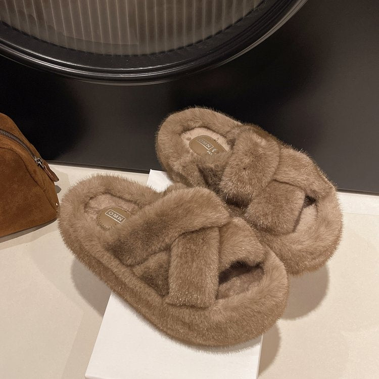 Georgina Pryce | Faux Fur Cross Strap Slippers