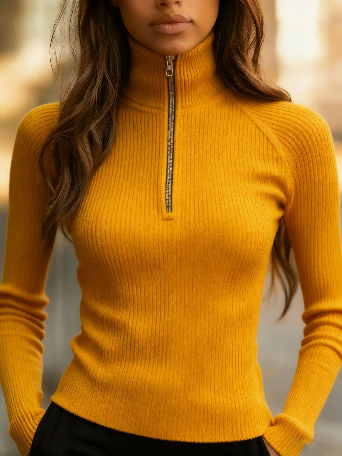 Prudence Kavanagh | Ribbed Zip-Neck Knit Top