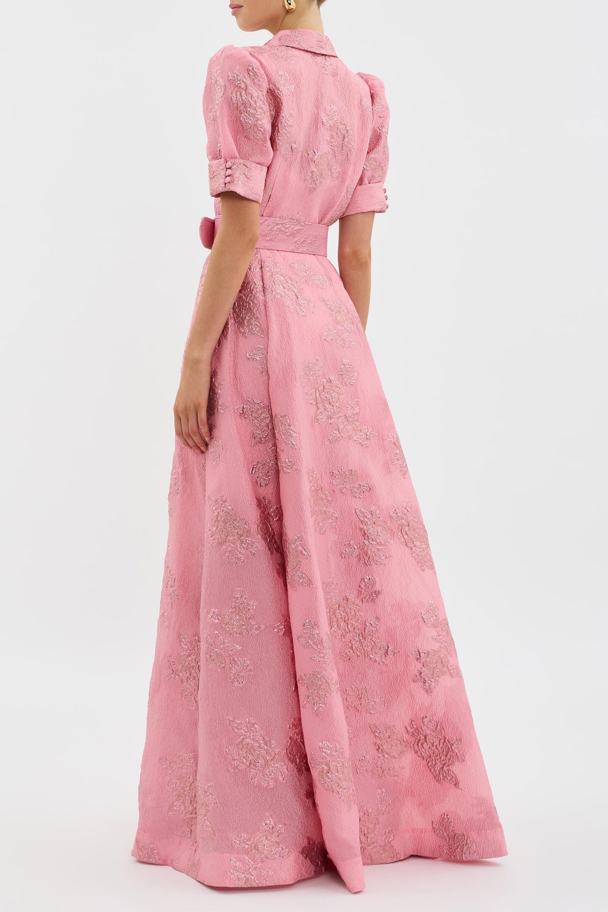 Daisy Fitzgerald | Belted Jacquard Maxi Dress With Puff Sleeves