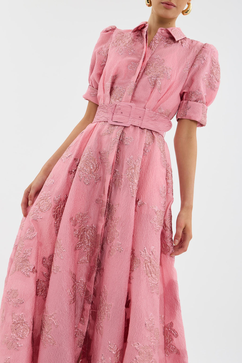 Daisy Fitzgerald | Belted Jacquard Maxi Dress With Puff Sleeves