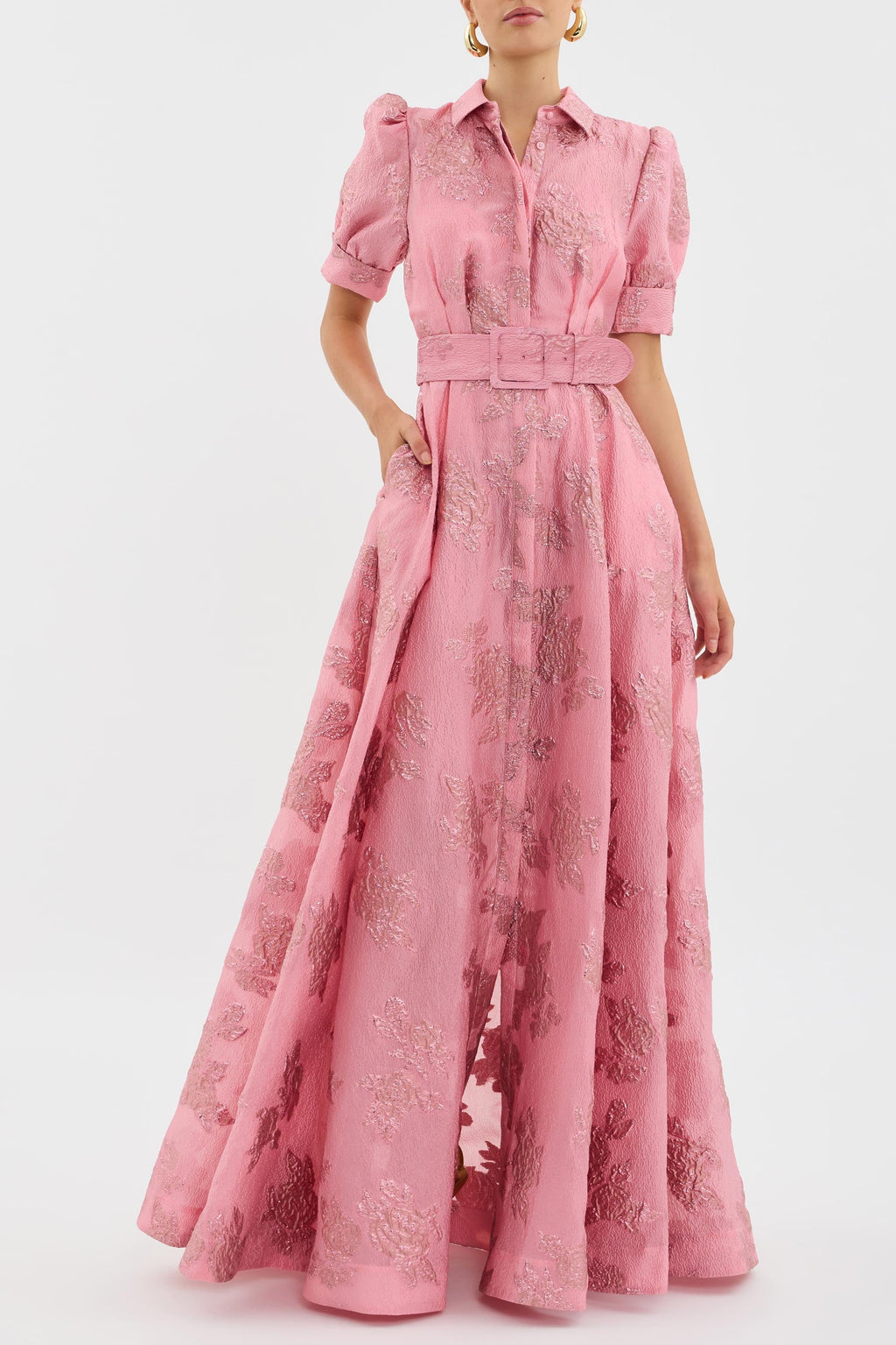Daisy Fitzgerald | Belted Jacquard Maxi Dress With Puff Sleeves