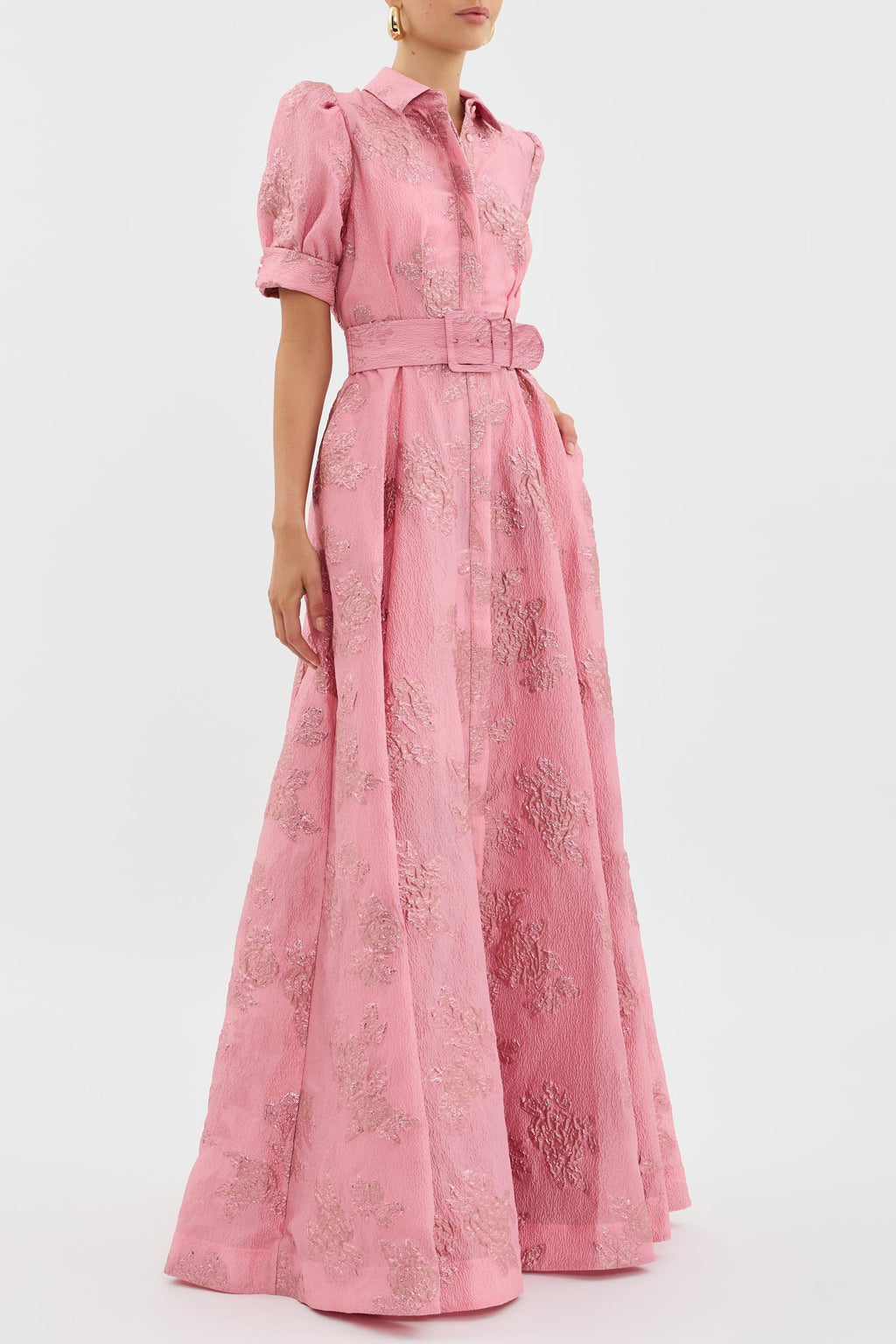 Daisy Fitzgerald | Belted Jacquard Maxi Dress With Puff Sleeves