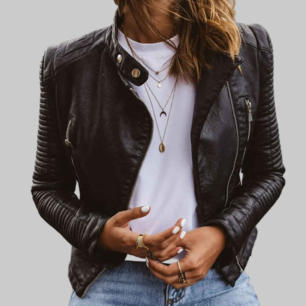 Women's Genuine Leather Biker Jacket with Tailored Fit and Zip Pockets