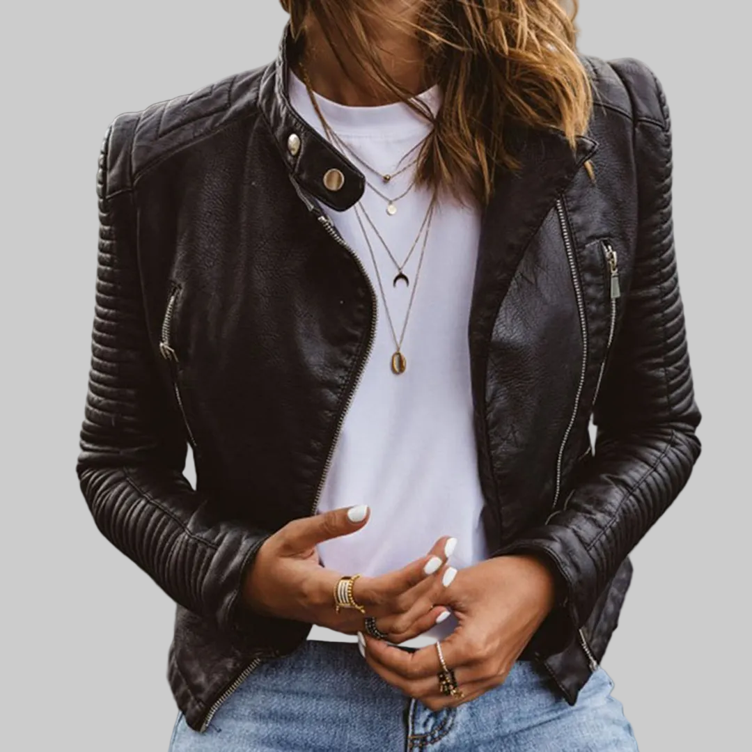 Women's Genuine Leather Biker Jacket with Tailored Fit and Zip Pockets