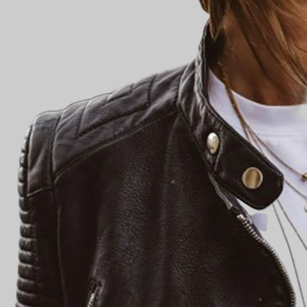 Women's Genuine Leather Biker Jacket with Tailored Fit and Zip Pockets