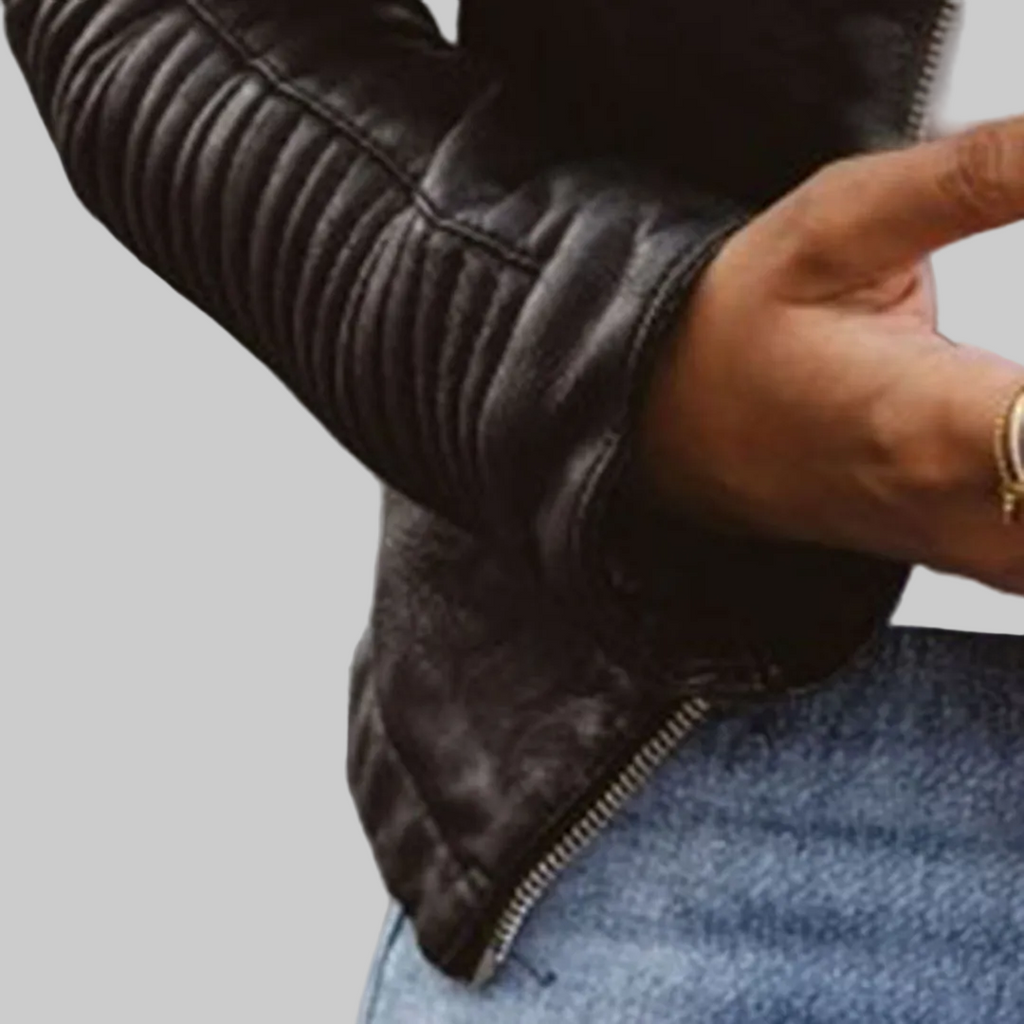 Women's Genuine Leather Biker Jacket with Tailored Fit and Zip Pockets