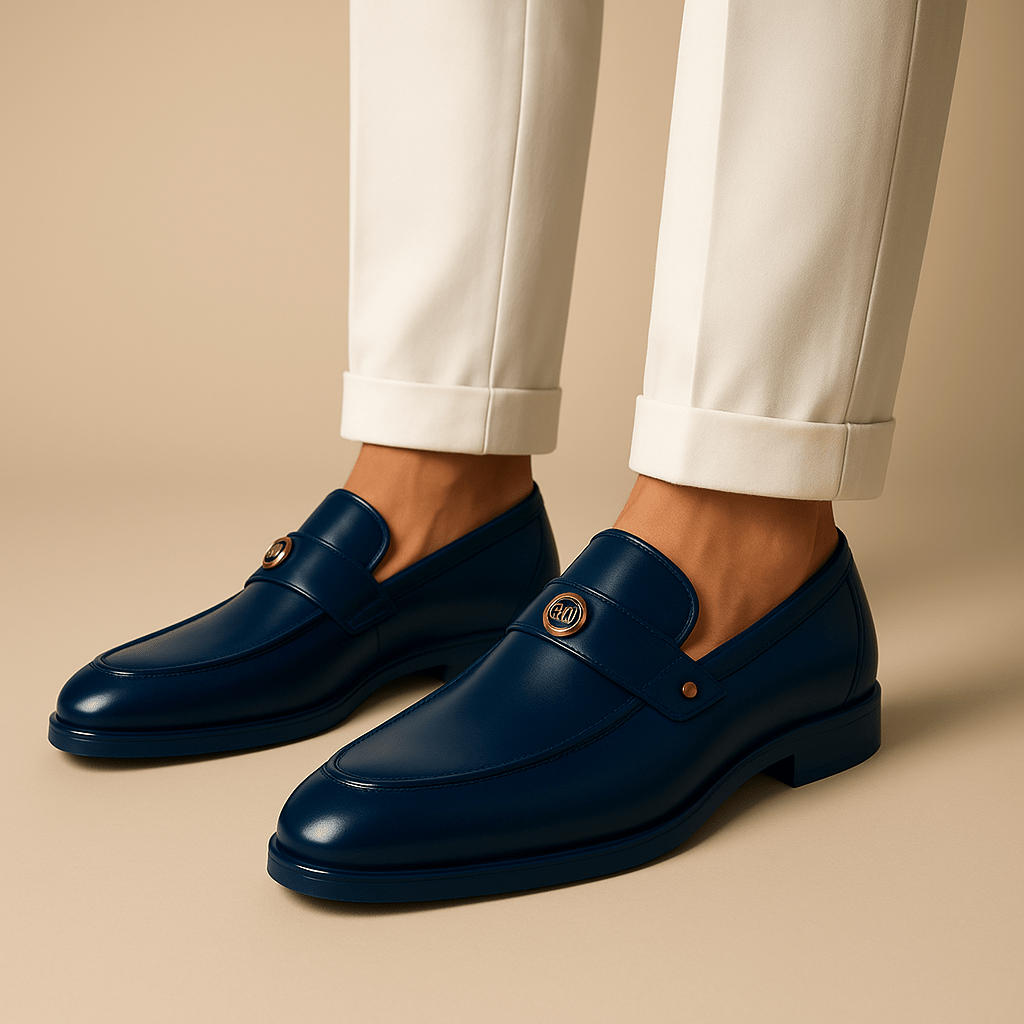 Graham Ellwood | Navy Leather Loafers With Gold Buckle
