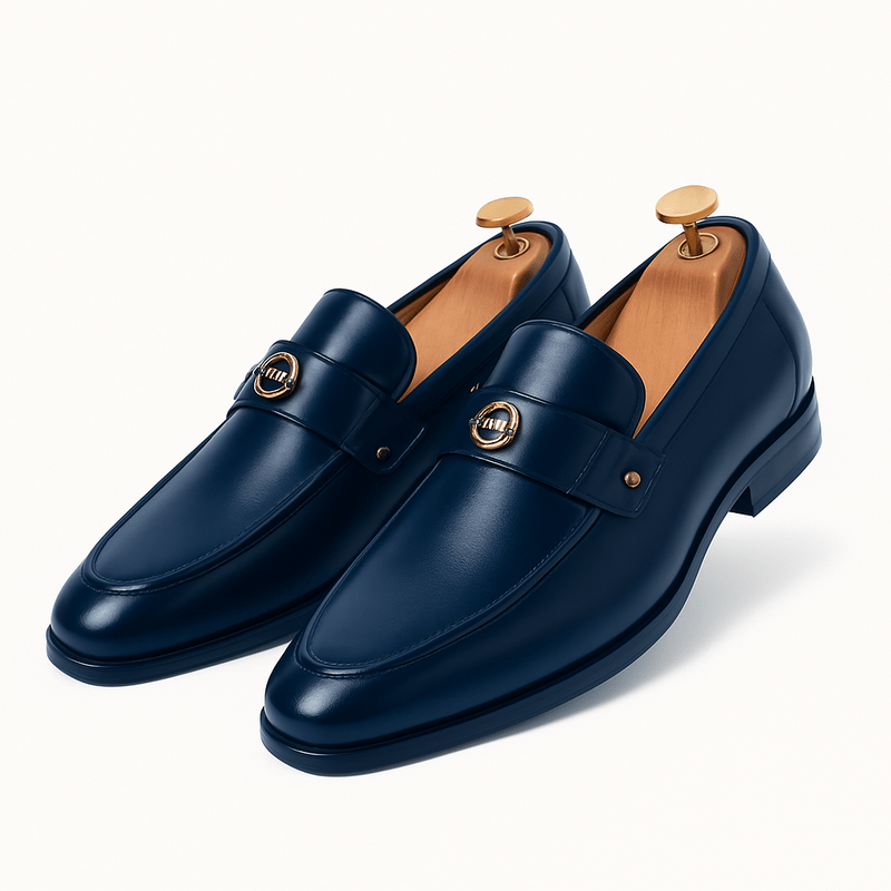 Graham Ellwood | Navy Leather Loafers With Gold Buckle