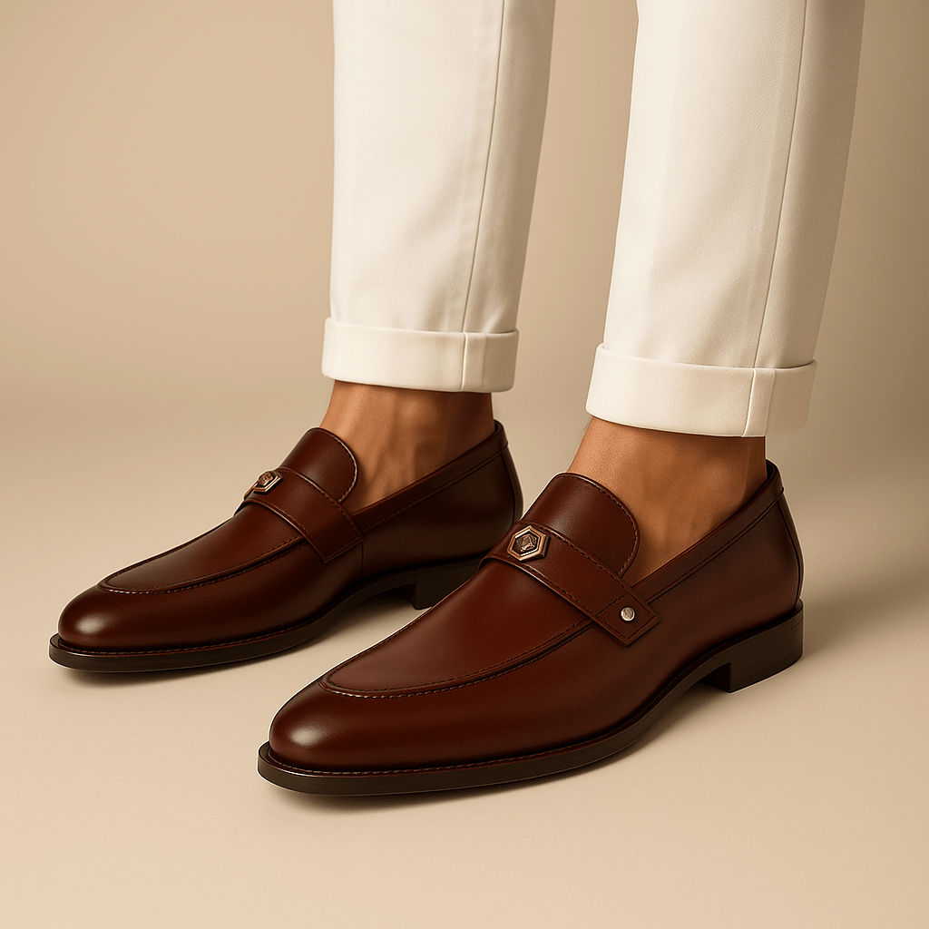 Graham Ellwood | Navy Leather Loafers With Gold Buckle