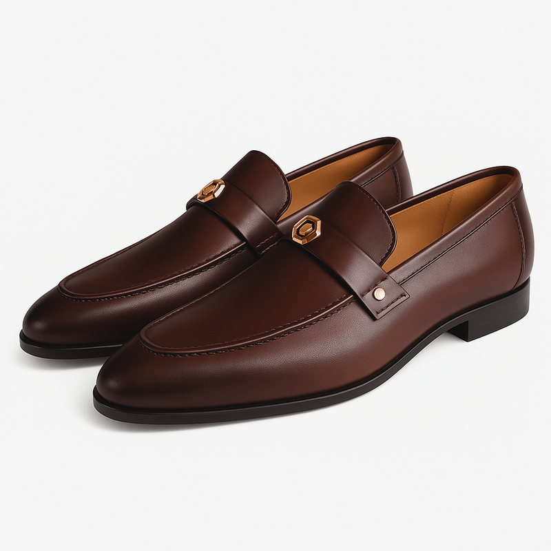 Graham Ellwood | Navy Leather Loafers With Gold Buckle