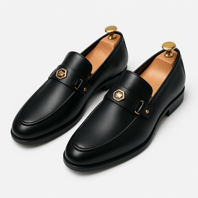 Graham Ellwood | Navy Leather Loafers With Gold Buckle