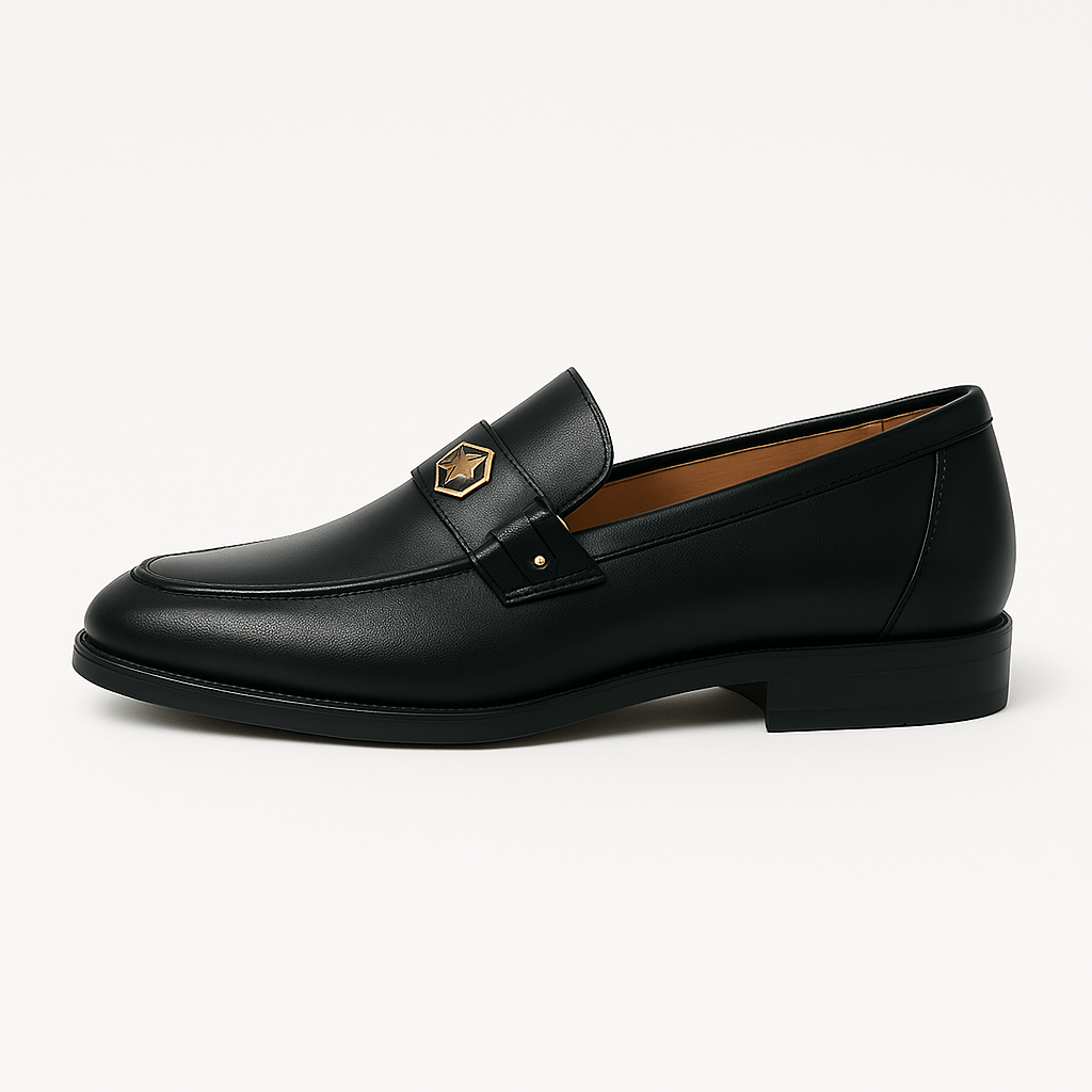Graham Ellwood | Navy Leather Loafers With Gold Buckle