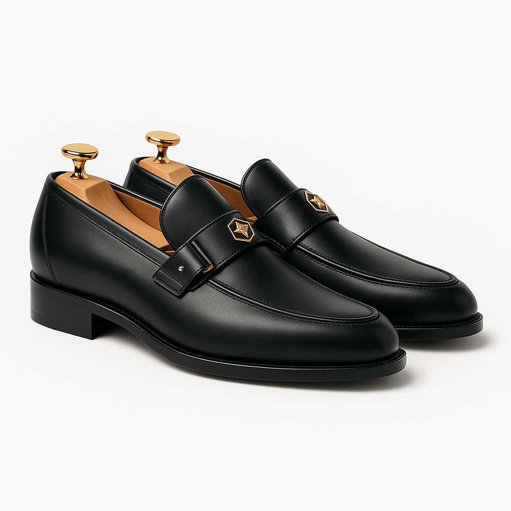 Graham Ellwood | Navy Leather Loafers With Gold Buckle