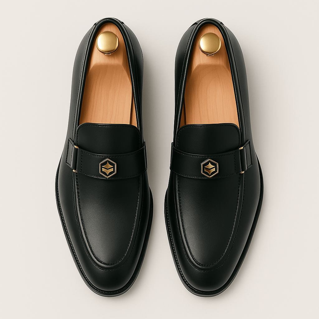 Graham Ellwood | Navy Leather Loafers With Gold Buckle