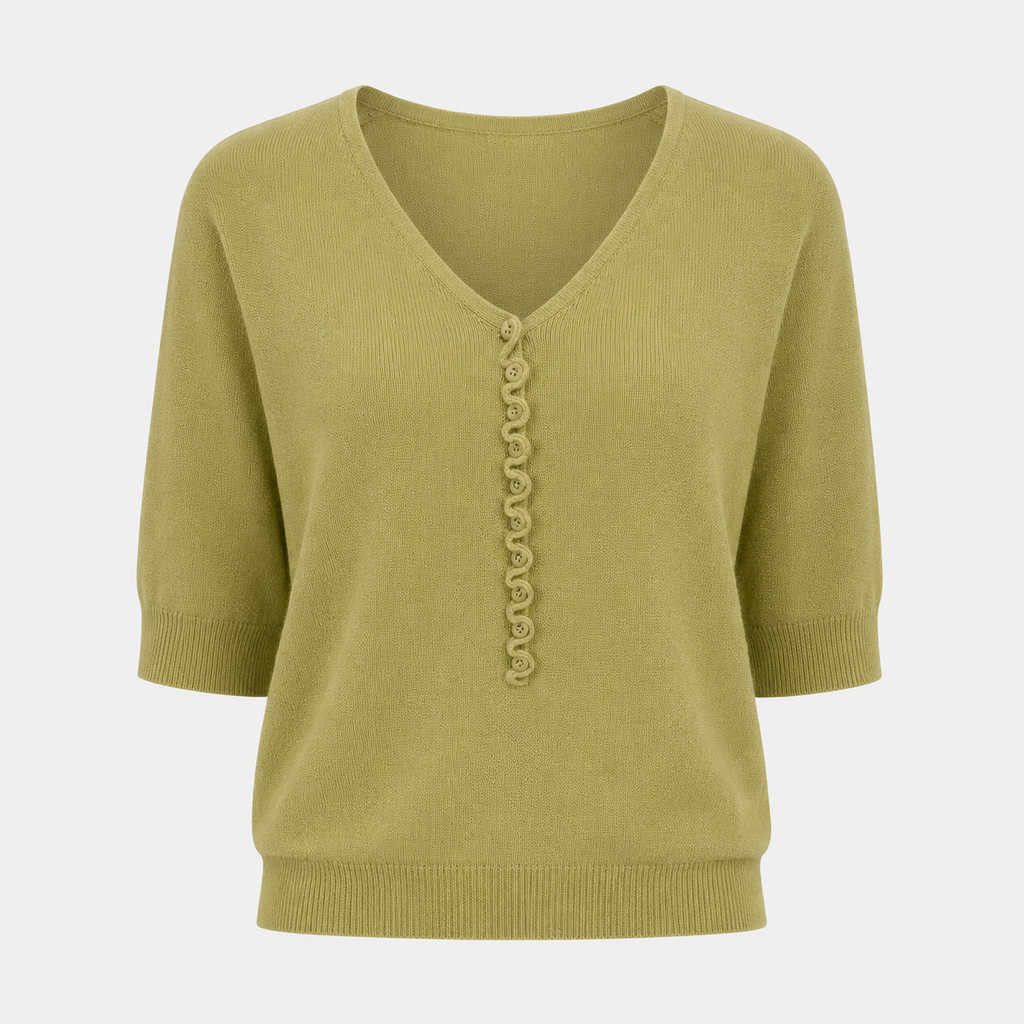 Alice Bennett | Green V-Neck Knit Top with Button Detail