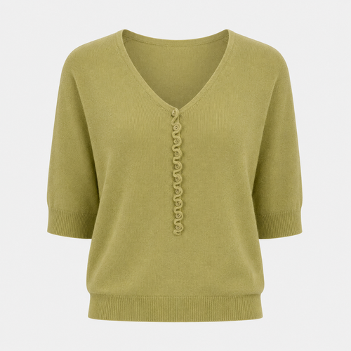 Alice Bennett | Green V-Neck Knit Top with Button Detail