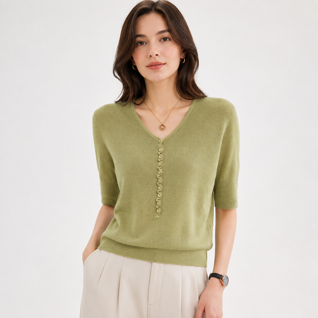 Alice Bennett | Green V-Neck Knit Top with Button Detail