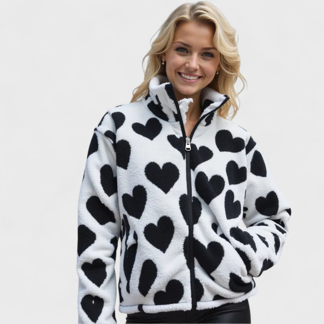 Reversible Heart Print Fleece Jacket with Zip Front and Relaxed Fit