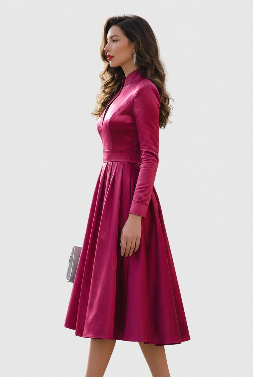 Genevieve Hartley | Magenta Satin Cocktail Dress With Mandarin Collar