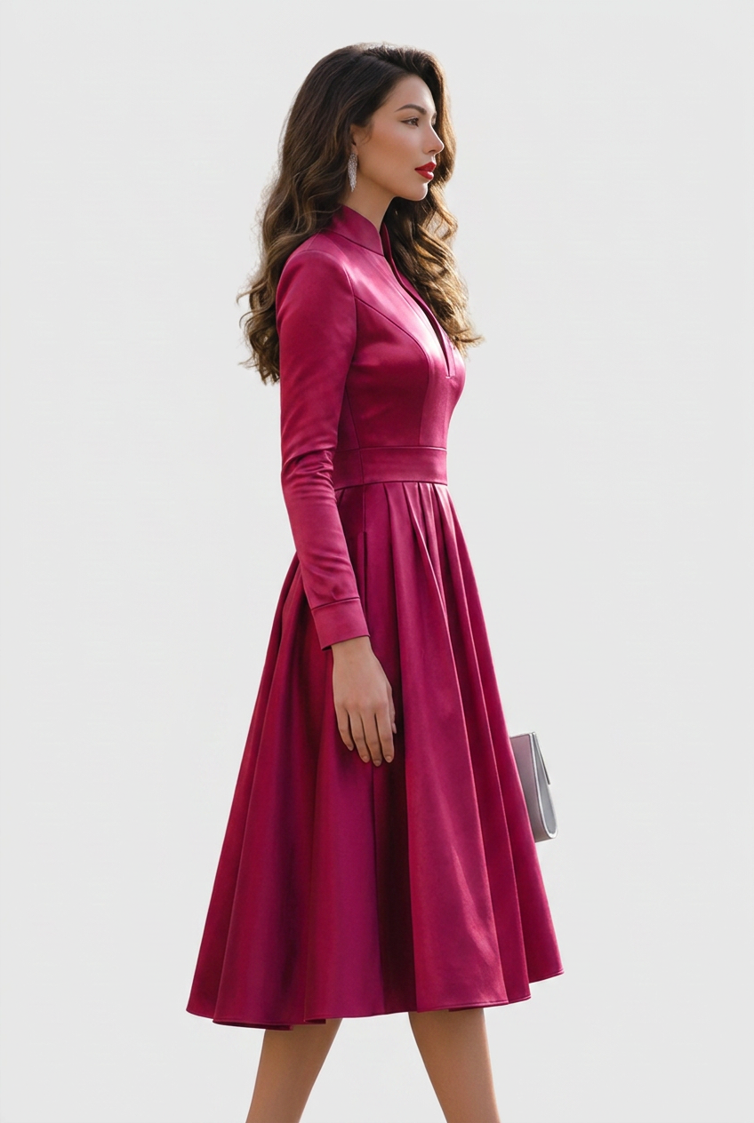 Genevieve Hartley | Magenta Satin Cocktail Dress With Mandarin Collar