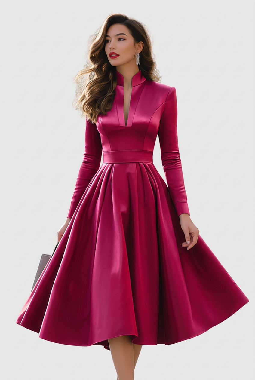 Genevieve Hartley | Magenta Satin Cocktail Dress With Mandarin Collar