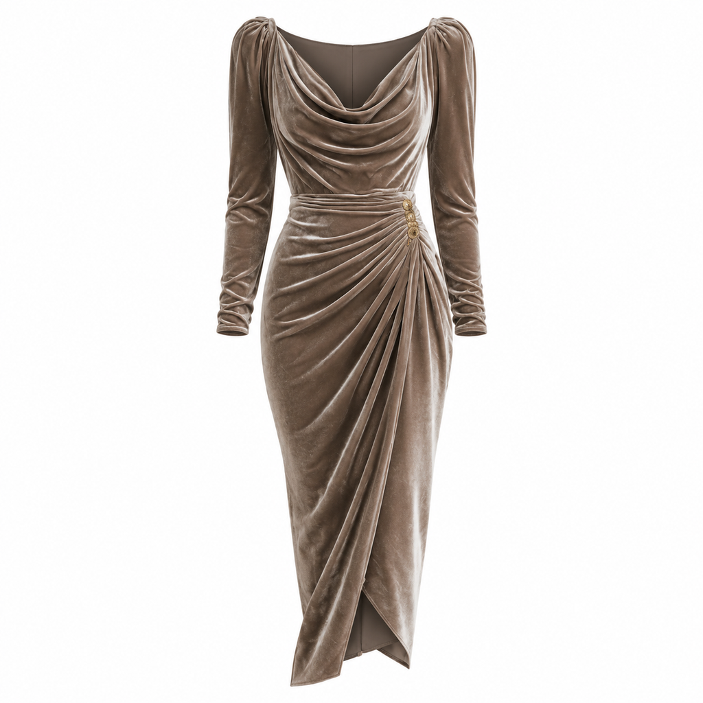 Bianca Moretti | Velvet Wrap Midi Dress With Cowl Neck