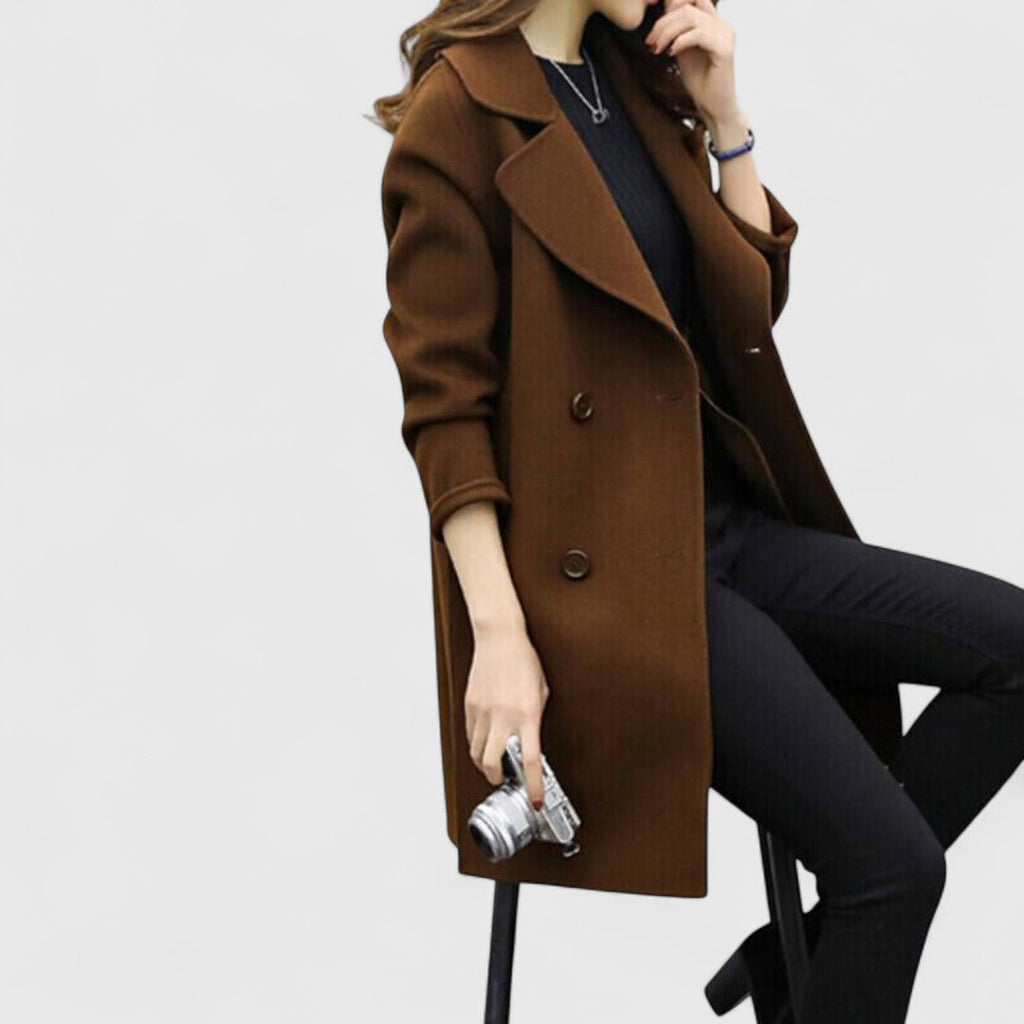 Women's Longline Double-Breasted Coat with Wide Lapels