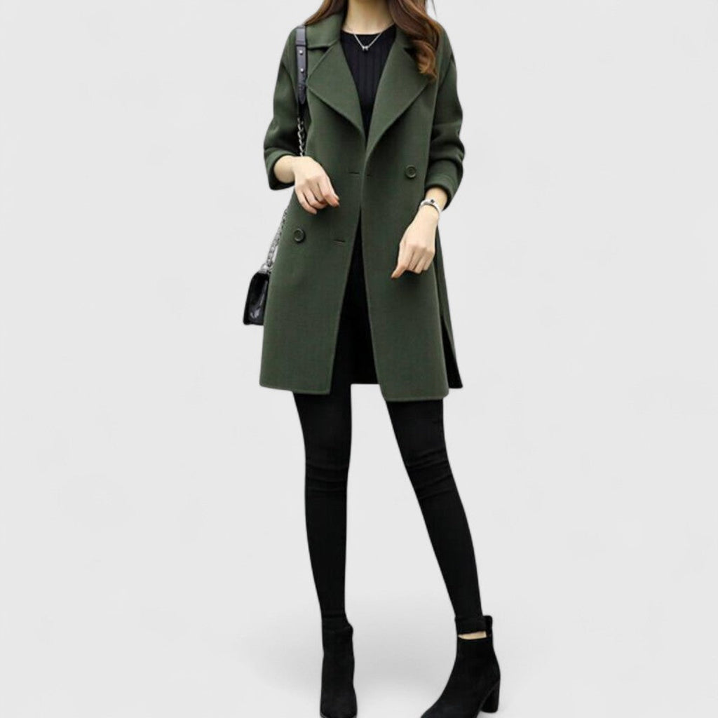 Women's Longline Double-Breasted Coat with Wide Lapels