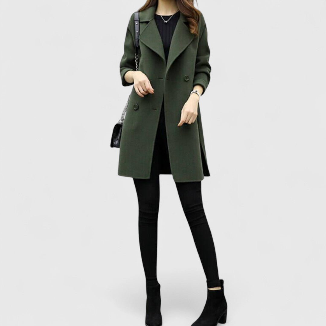Women's Longline Double-Breasted Coat with Wide Lapels