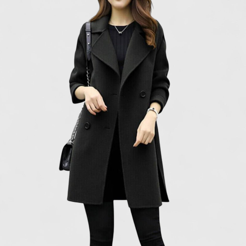 Women's Longline Double-Breasted Coat with Wide Lapels