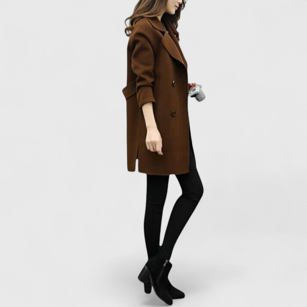 Women's Longline Double-Breasted Coat with Wide Lapels